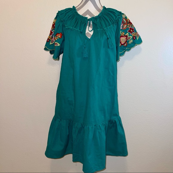 Bright Green Floral Embroidered Short Sleeve Tassel Tie Neck Flare Pocket Dress - Picture 3 of 17